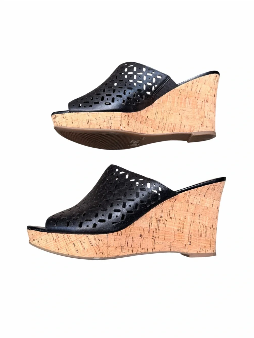 Lauren Blakwell Women’s 11 Black Ilene Perforated Cork Wedge Slide Sandals Boho